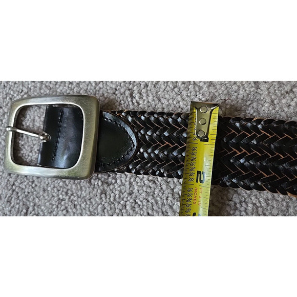 Women's Wide Braided Leather Belt Etched Silver Tone Buckle Woven Fringe - Picture 7 of 8
